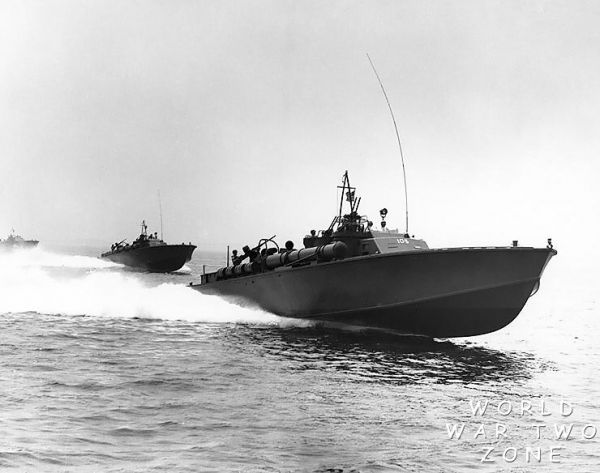 80 foot Elco PT Boats at speed. These are early models without radar and with the terrible MKVIII torpedos.