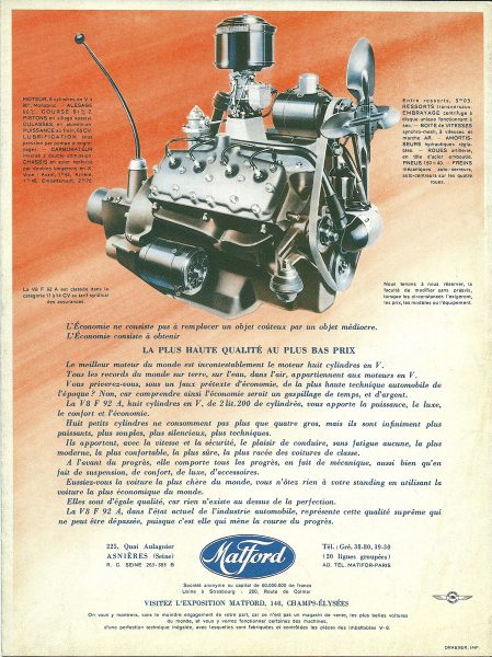 Praising the small V8 in the 1939 Matford brochure.