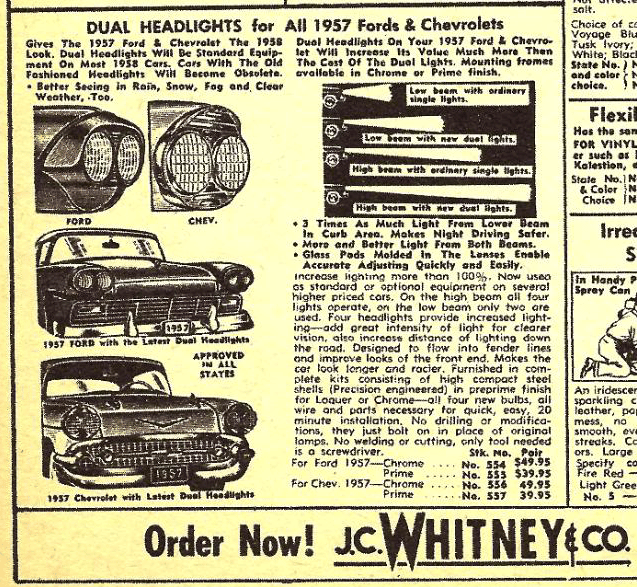 Surgically Enhanced: 1957 Ford Fairlane 500 Skyliner with Aftermarket Quad Headlights 5 JC Whitney ad.