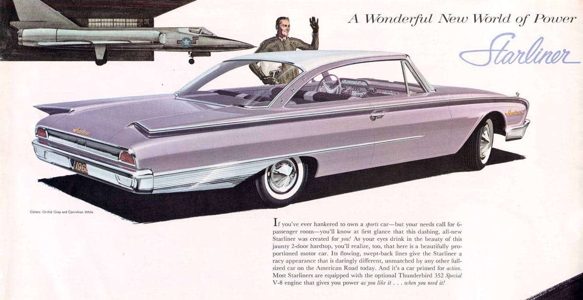 (first posted 10/1/2012)    Not to beat the poor 1960 Ford brochure to death, but I couldn’t help but stop at this fine rendering of an Orchid Gray Starliner with a [&hellip;]