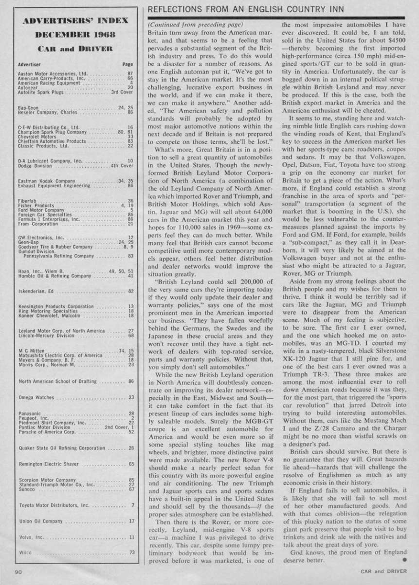 Vintage Editorial: "Reflections from an English Country Inn" (Brock Yates, C&D 1968) 7 UK 001 900