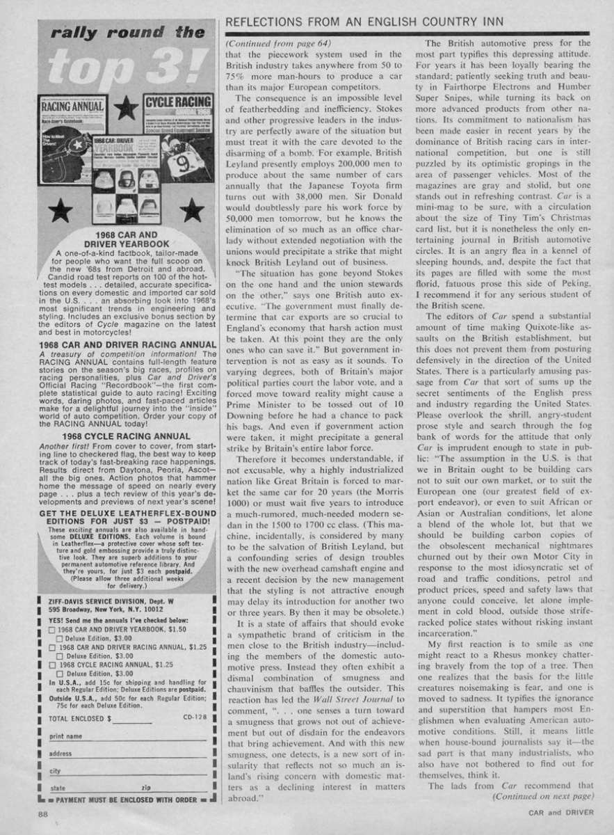 Vintage Editorial: "Reflections from an English Country Inn" (Brock Yates, C&D 1968) 6 UK 002 900