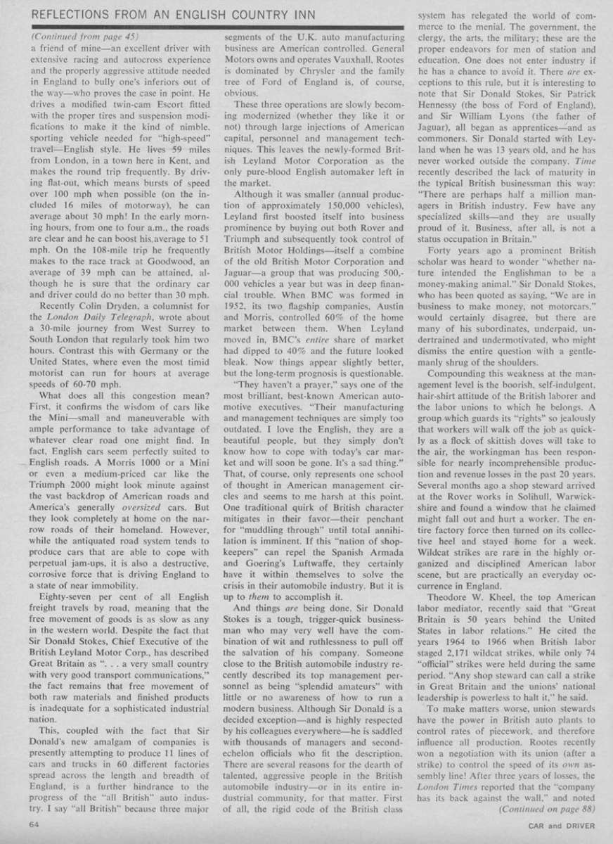 Vintage Editorial: "Reflections from an English Country Inn" (Brock Yates, C&D 1968) 5 UK 003 900