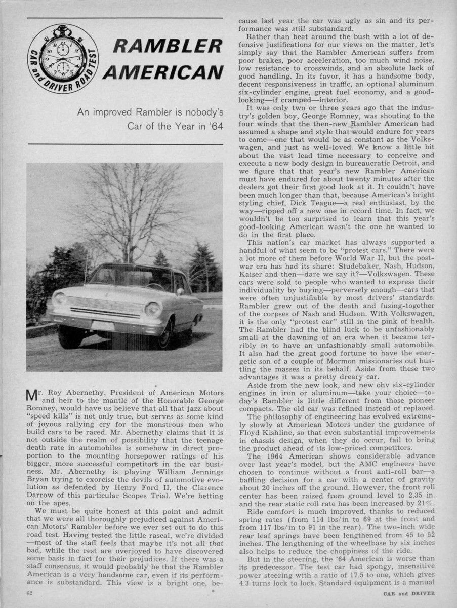 Vintage Road Test: Car & Driver Tests The New 1964 Rambler American, Rather Unhappily 2 Rambler American 1964 C&D 001 1200