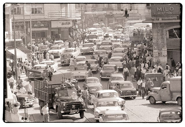 Street Scenes: Old Beirut 6 Pedestrians and Cars Crowd Beirut Street