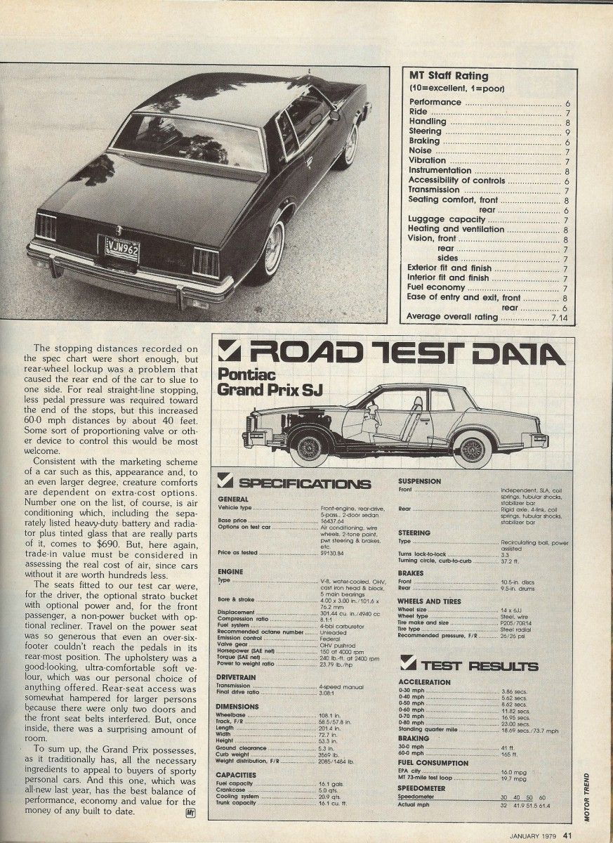 Vintage M/T Road Test: 1979 Pontiac Grand Prix SJ – Rare 4-Speed Manual In A Pontiac PLC Placeholder 13 Motor Trend, January 1979, page 41, final page of Pontiac Grand Prix SJ road test with MT Staff Ratings and road test data next to the final column of text