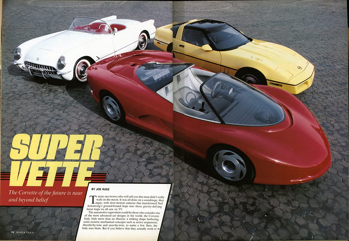 The 40th anniversary issue of R&T celebrated the Corvette with two articles- one of the current ‘Vette which gained a drop-top model, and another of a futuristic, technologically laden ‘Vette.