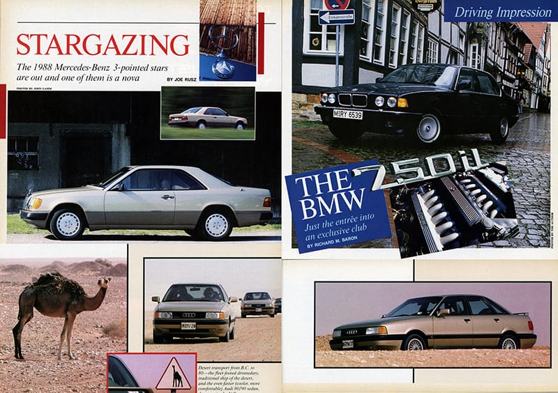 Off the R&T 1987 November issue, come three articles of new-for-1988 luxury cars from Germany. And camels!