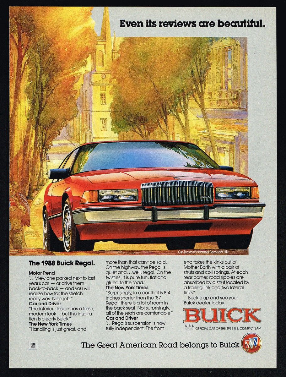 Vintage Comparison Test and Commentary: 1988 Buick Regal, Olds Cutlass Supreme, Pontiac Grand Prix – Road & Track Assesses The GM10 Personal Luxury Coupes 17 1988-Buick-Regal-Ad