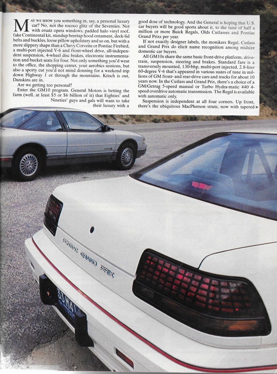 Vintage Comparison Test and Commentary: 1988 Buick Regal, Olds Cutlass Supreme, Pontiac Grand Prix – Road & Track Assesses The GM10 Personal Luxury Coupes 4 R&T0688GM10ComparoP2