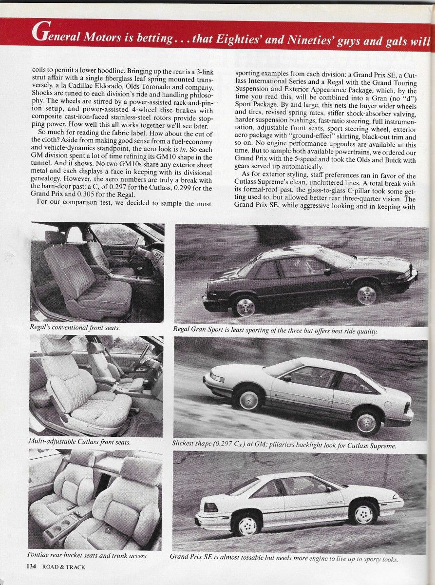 Vintage Comparison Test and Commentary: 1988 Buick Regal, Olds Cutlass Supreme, Pontiac Grand Prix – Road & Track Assesses The GM10 Personal Luxury Coupes 5 R&T0688GM10ComparoP3
