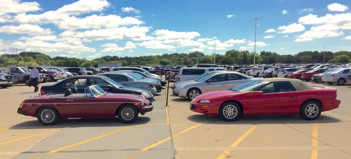 QOTD: 1975-1980 MGB and 1998-2002 Chevrolet Camaro – Dueling Dropheads Seen recently in the parking lot at work were this 1975-80 MGB and 1998-2002 Camaro staring each other down.