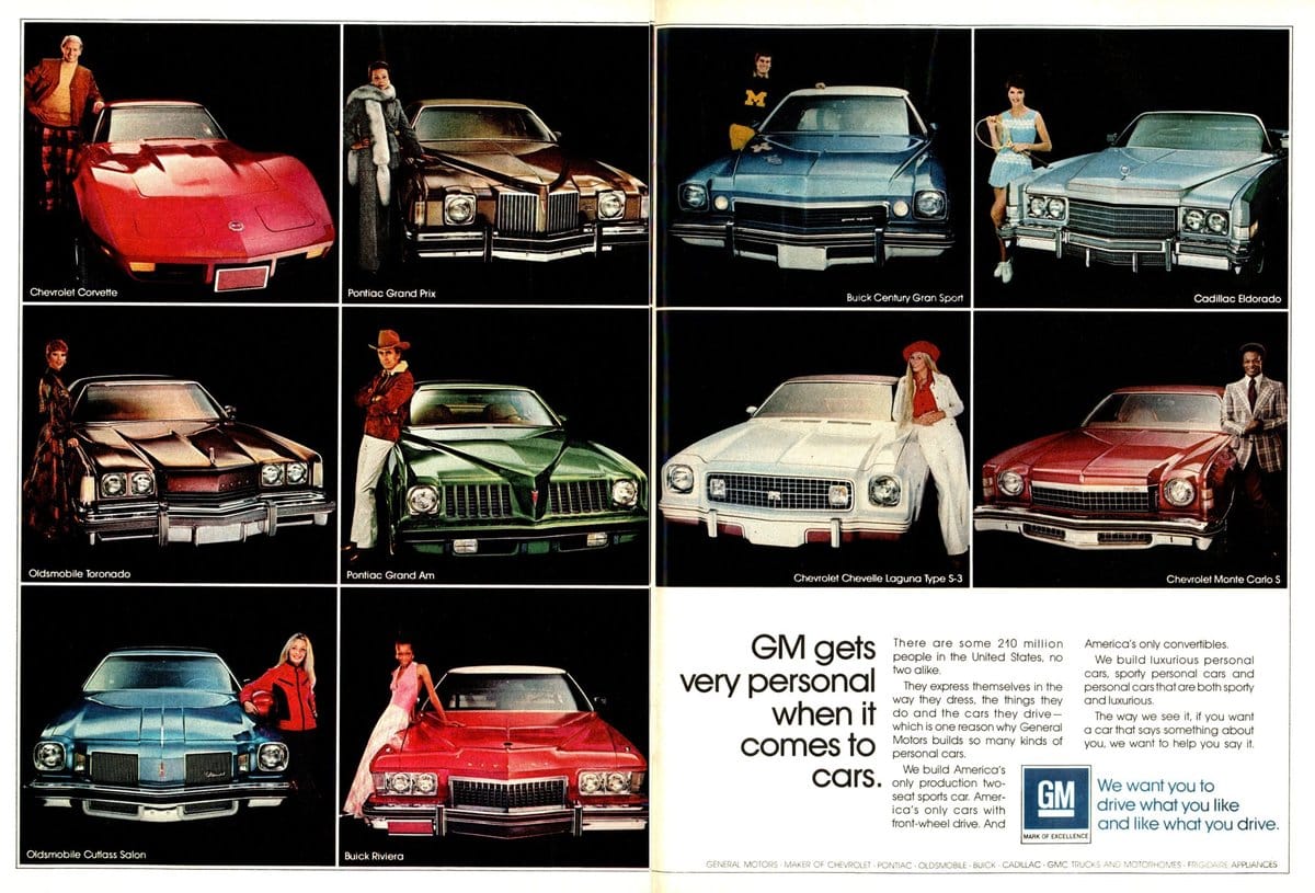 GM printed two different multi-marque magazine advertisements in 1974, and one of them was this advertisement plugging their wide range of “personal cars” — not just personal luxury coupes — for 1974.