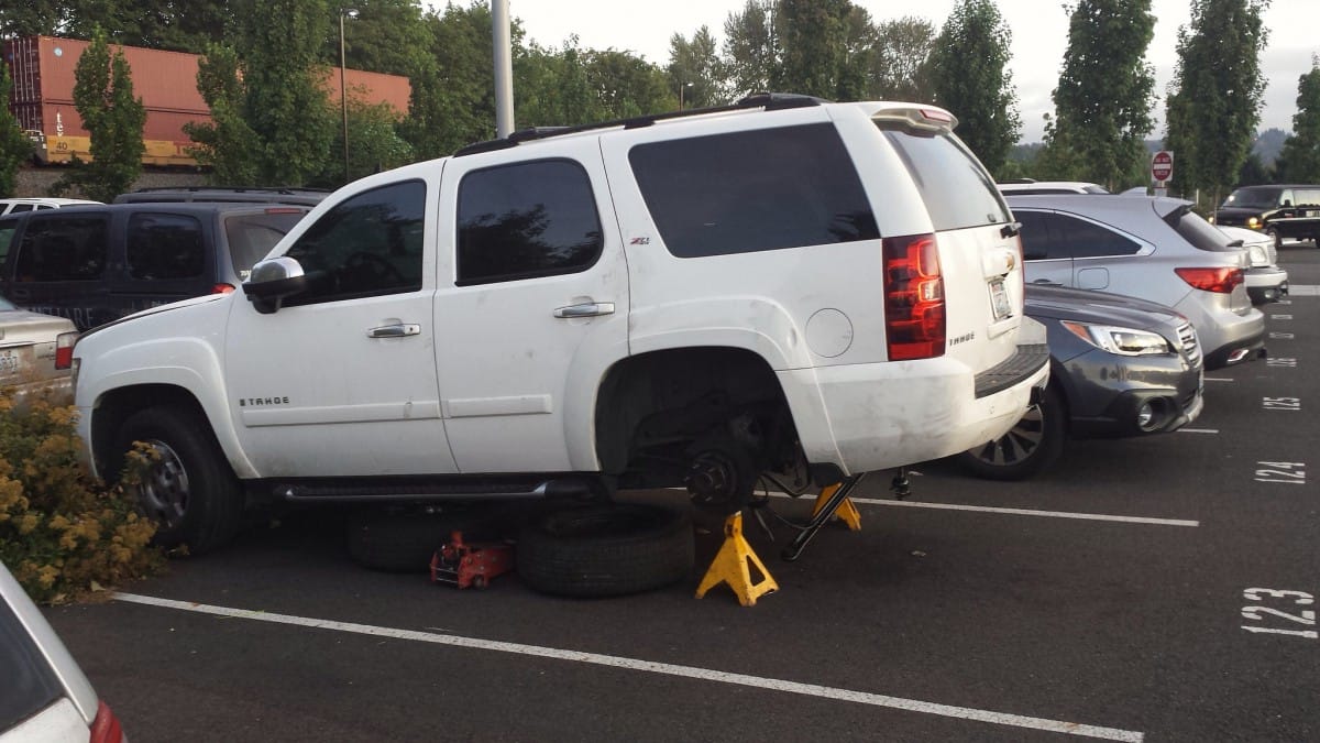 CC Cohort Ralf K shot this the other day in Tukwila, WA. He asks: “WTF, major repair job at train station parking lot? Somebody doesn’t have AAA?” Apparently not. So [&hellip;]