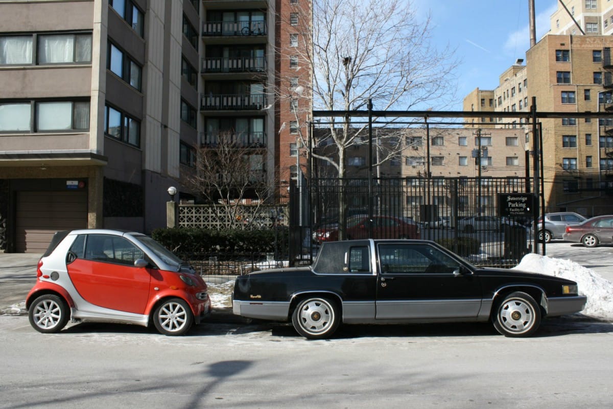 Wordless Outtake: 2008 Smart ForTwo & 1991 Cadillac Coupe DeVille – Two Doors, Four Wheels… Edgewater, Chicago, Illinois. Sunday, February 22, 2015.