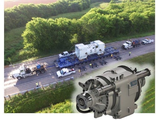 Fabco FAT-30, 30,000lb-ft input torque rating auxiliary transmission, shown together with an overhead view of an oversize load on a trailer being pulled by a truck outfitted with the FAT-30
