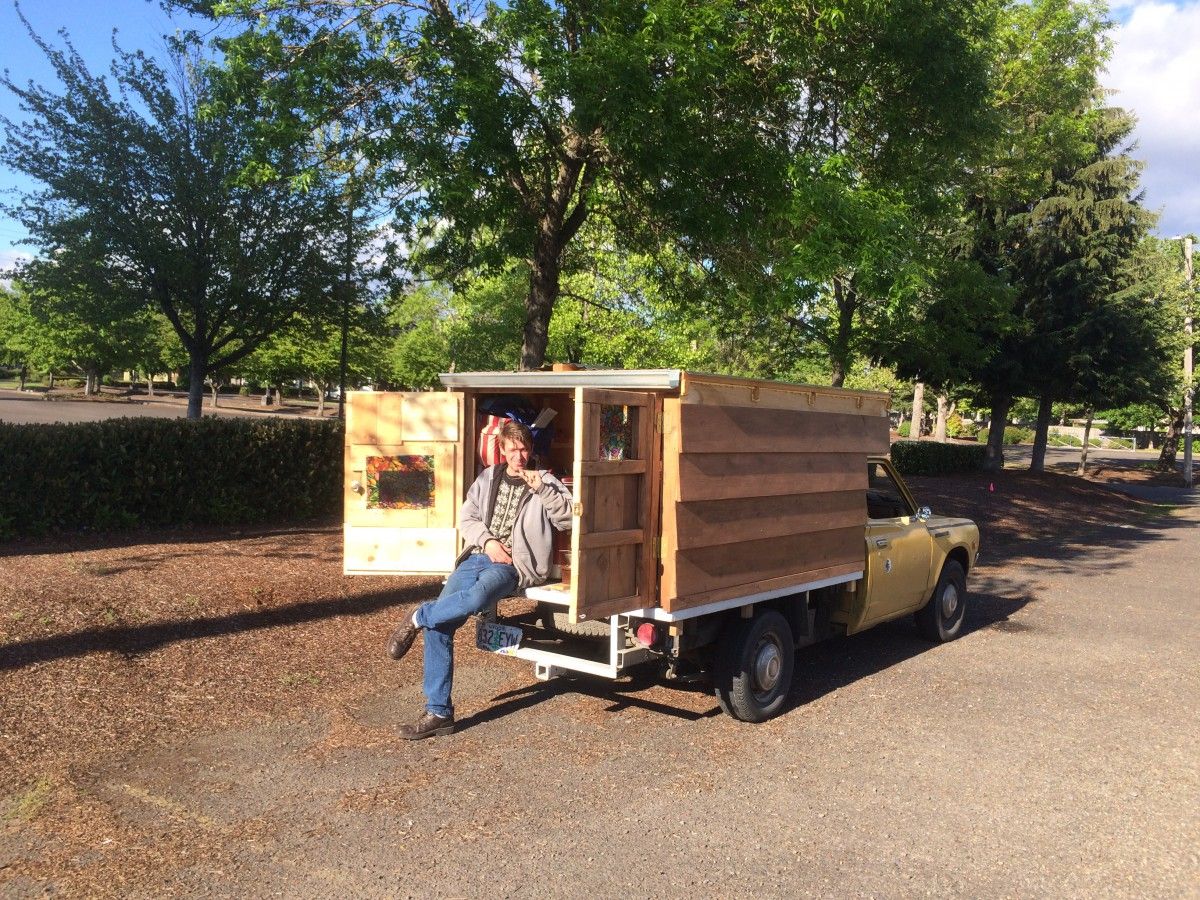 On our urban hike through the Lane County fairgrounds, I ran across this guy having a smoke on the back of his homemade camper mounted on a ’70s Datsun 620 [&hellip;]
