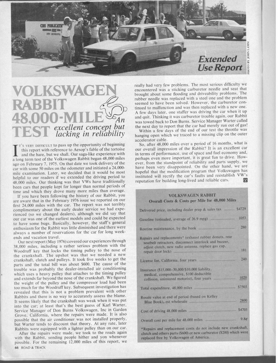 (first posted 11/10/2018)        Here’s the final installment of Road and Track’s long term test of a first year 1975 Rabbit. The plan was to test it only [&hellip;]