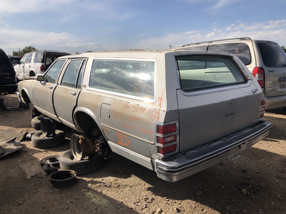 Junkyard Classic: 1983 Chevrolet Caprice Classic Wagon – Goodbye, Jumbo 1 Photo of a two-tone in gray 1983 Chevrolet Caprice Wagon in a junkyard.