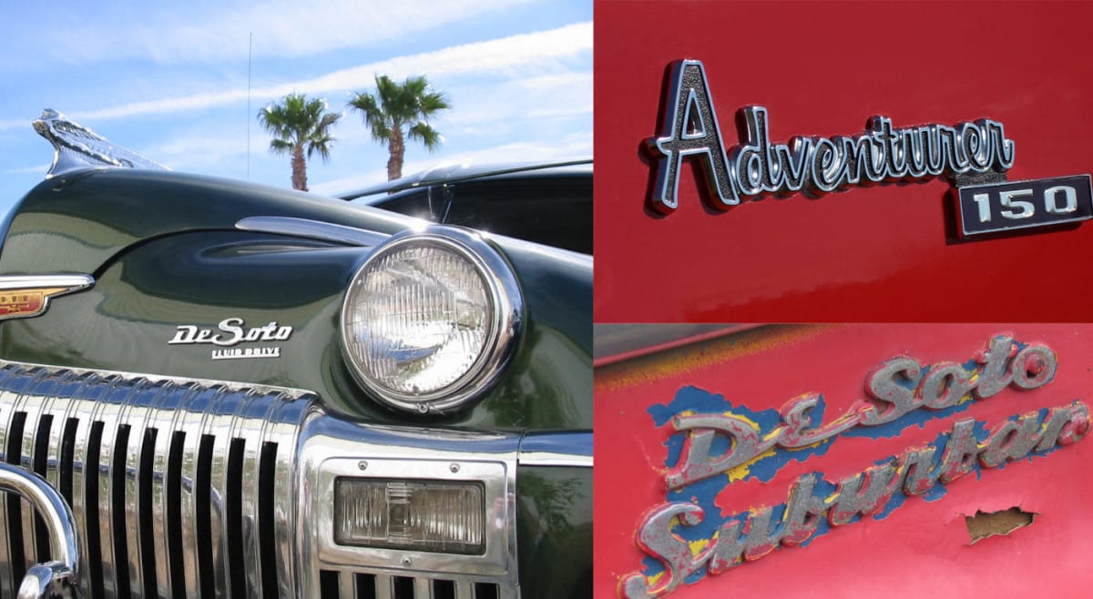 Photo collage showing the nose badge of a '40s De Soto with the badges of a later Adventurer 150 and DeSoto Suburban