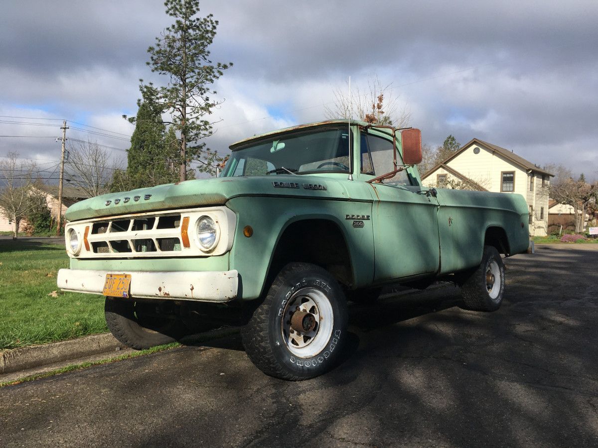 Curbside Classic: 1968 Dodge W200 Power Wagon Pickup - Powerful Good Pea Soup 1 1968 Dodge W200 Power Wagon Pickup parked by the curbside