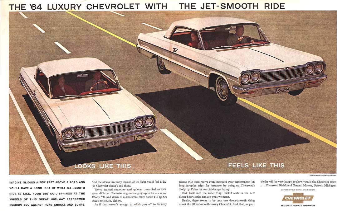 CC Outtake: 1963 Impala With Jet Smooth Ride and a few Other Vintage Ads The moment I saw this Impala coupe up in the air, a certain ad from my childhood popped into my head: