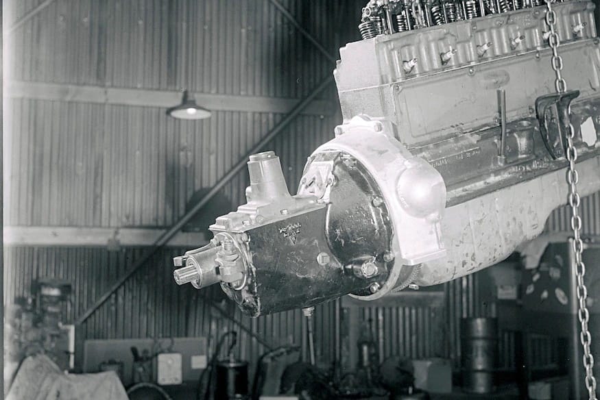 From Powerglide To 3-Speed To 4-Speed - Early Corvette Transmission History 13 003 archive 1955 chevrolet corvette ford transmission swap transmission on engine on hoist