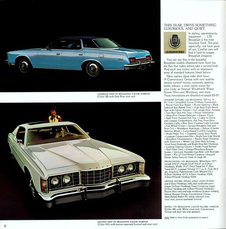 1973 Ford LTD Brougham brochure page is courtesy of www.oldcarbrochures.com.