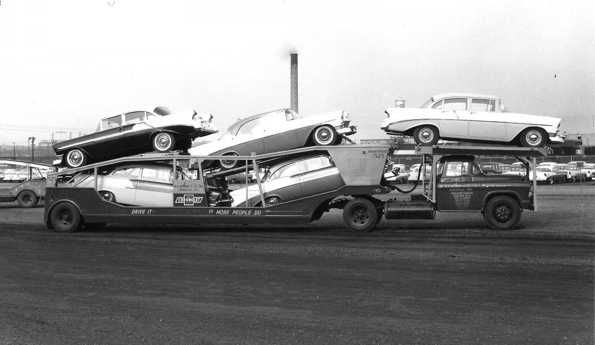 A load of new ’56 Chevys fresh from the Janesville, WI plant, and with a new-for-’56 four door hardtop on top. Somewhat curiously, it’s a 210, and not a Bel [&hellip;]