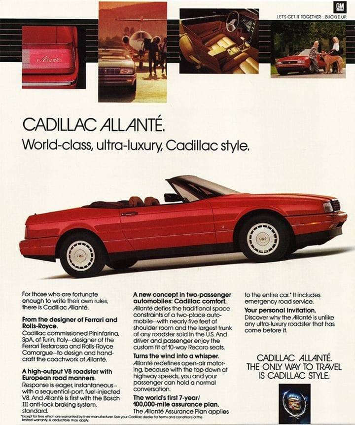 Curbside Classic: c. 1990 Cadillac Allanté - All Around The World 4 Cadillac Allante print ad, as sourced from the internet.