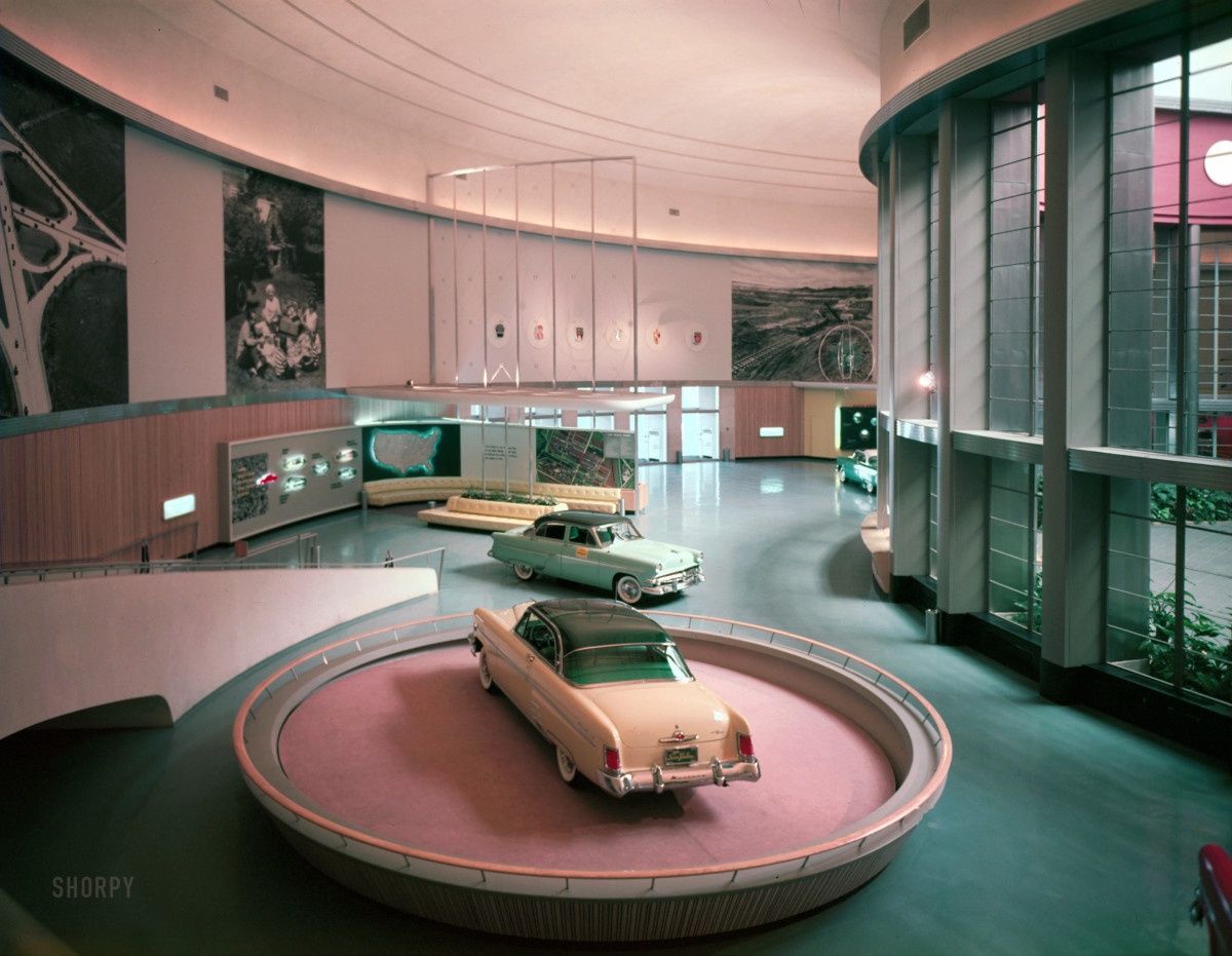 From Shorpy. “Ford 50th Anniversary vehicle display at the Ford Rotunda.” On the turntable, the 1954 Mercury Monterey “Sun Valley” with its green-tinted plexiglas roof. Color transparency from the Ford [&hellip;]