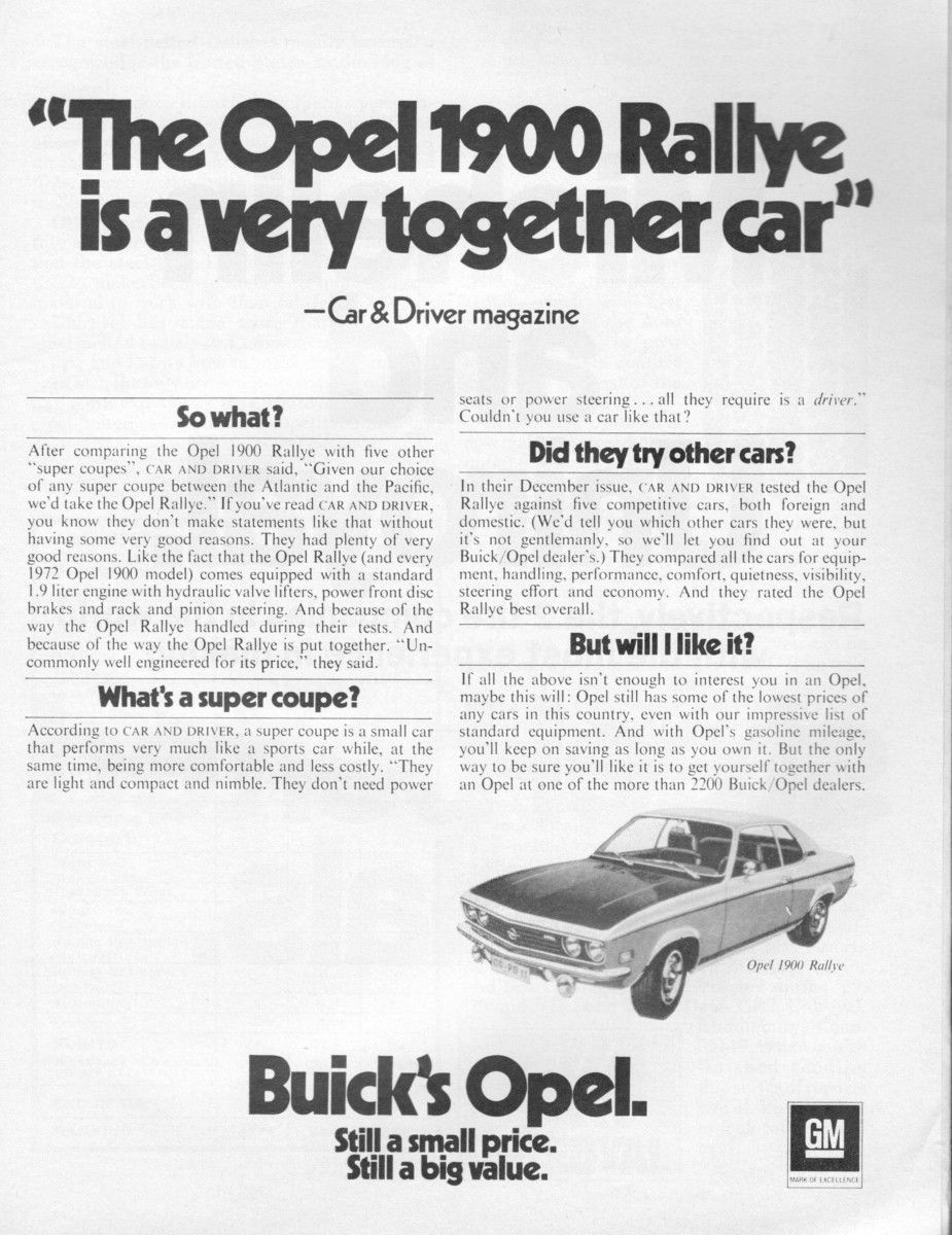 Vintage Ad: 1972 Opel 1900 Rallye?!? That’s A Manta! The little things we forget over time. Like the fact that the Manta was sold here as the Opel Rallye in its first year (1972). Why? Beats me.