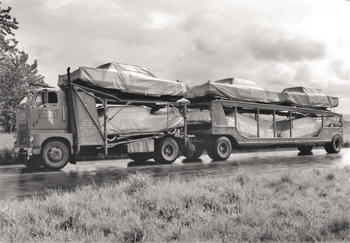 Car Carrier of the Day: The Well Clad Load of…? I’m going to let you figure that out. As to the truck, it’s one of Convoy’s home built jobs. Update: Photo dated May 4, 1959