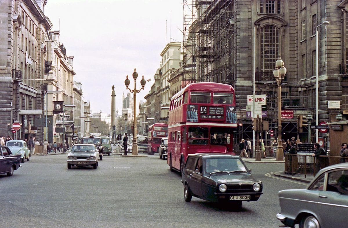 Vintage Snapshots: London in the Mid-1970s AEC Routemasters vie with other traffic at the junction of Lower Regent Street and Piccadilly Circus on 19th April 1975.