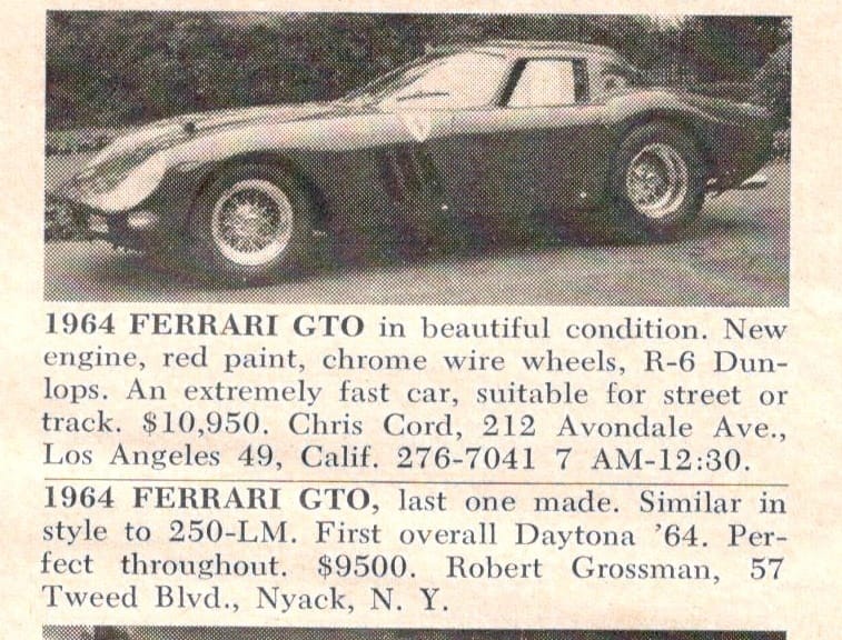 I showed you some enticing ads from the January 1966 Road and Track. But the February issue has that beat hands down. There’s two 1964 Ferrari GTO’s for sale. The [&hellip;]
