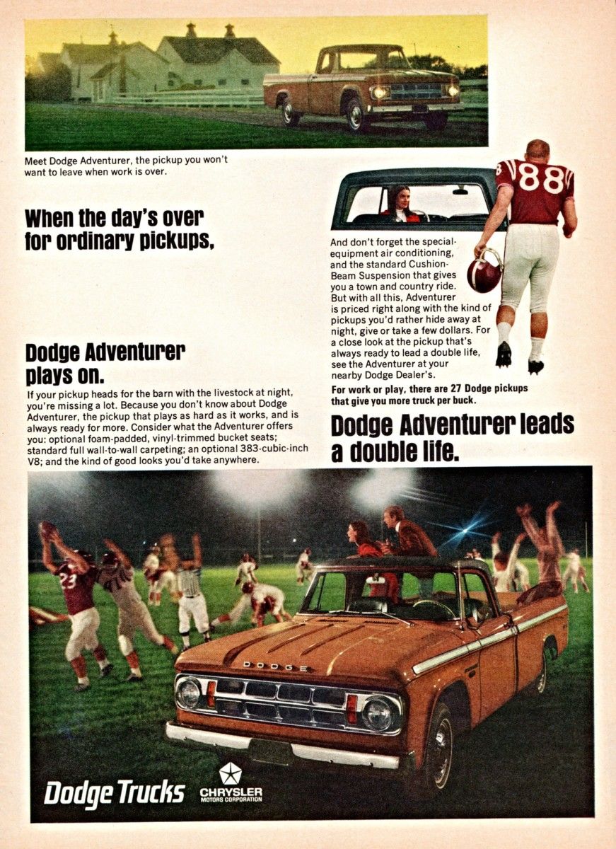 Vintage Ad: 1968 Dodge Adventurer – “If Your Pickup Heads For The Barn With The Livestock At Night, You’re Missing A Lot” The good old days, when pickup ads were trying hard to convince owners and buyers that it would be ok to use them for other than work.