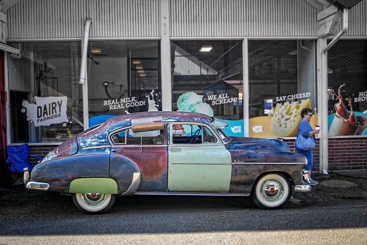 Cohort Pic(k) of the Day: 1950(?) Chevrolet Fleetline DeLuxe 4-Door Sedan – It’s Got It All Posted by Don Kincl. It’s got patina, color, a bit of rake, and even a window swamp cooler. What more could you want?