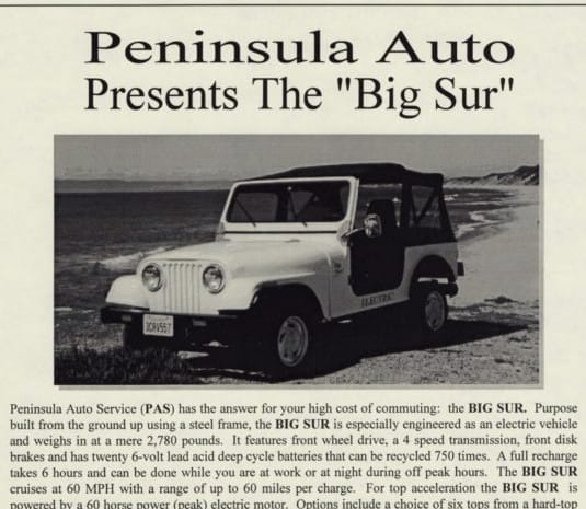 FCA/Stellantis have aggressively pursued anyone trying to sell anything even remotely Jeep-like. So when I cam across this ad for this 1994 Big Sur EV, I was a bit surprised. [&hellip;]