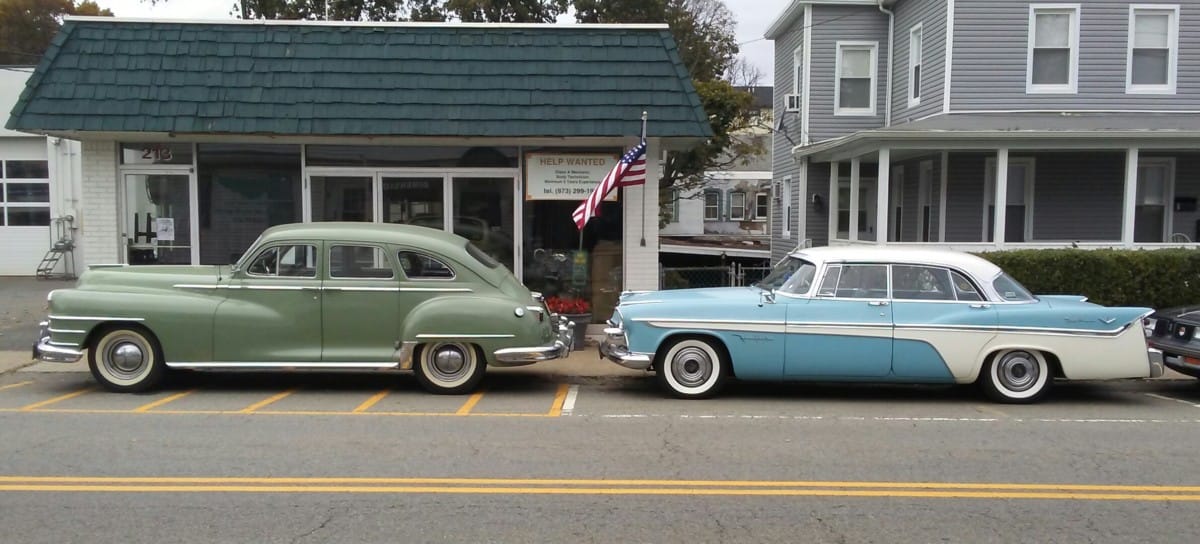 I was driving along Washington St. (Route 202) in Boonton NJ with a trunk load of groceries, when I came across this colorful pair:  a 1946-48 Chrysler and a 1956 [&hellip;]