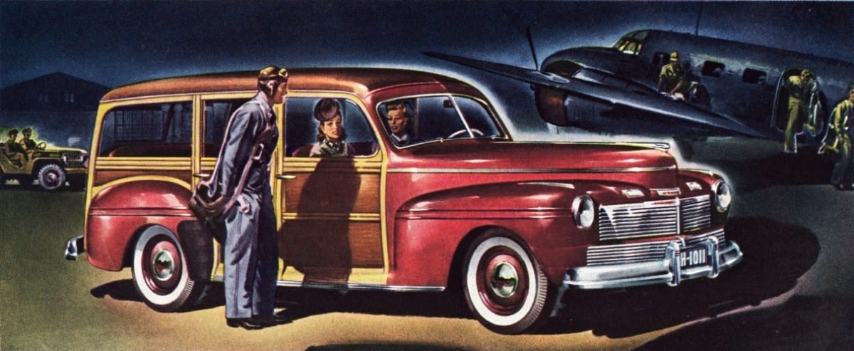 Let’s keep the car-and-airplanes theme going a bit longer. Here’s three fine renderings of 1942 Mercurys with airplanes from the three main branches of the armed forces. This woodie wagon [&hellip;]