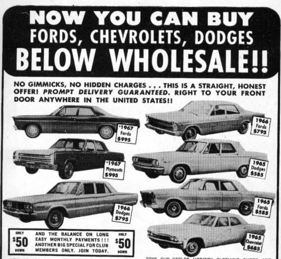 Vintage Ad: Now You Can Buy…Below Wholesale! No Gimmicks – Except For The Unstated Fact That These Are Ex-Taxis, And You Have To Pay To Be A Member mn