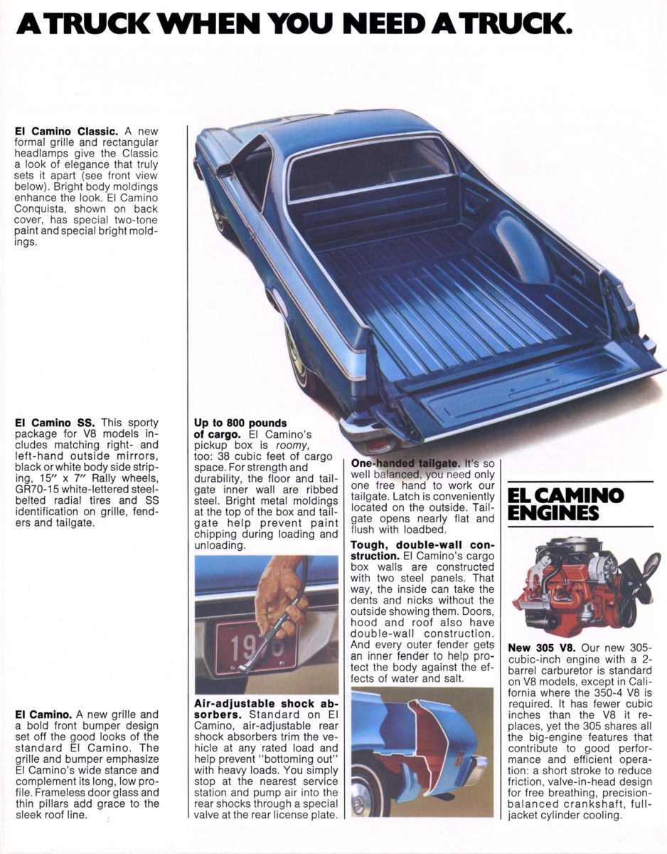Curbside Classic: 1976 Chevrolet El Camino Classic - Frank Lloyd Wrong 9 1976 Chevrolet El Camino brochure page, as sourced from www.oldcarbrochures.org.