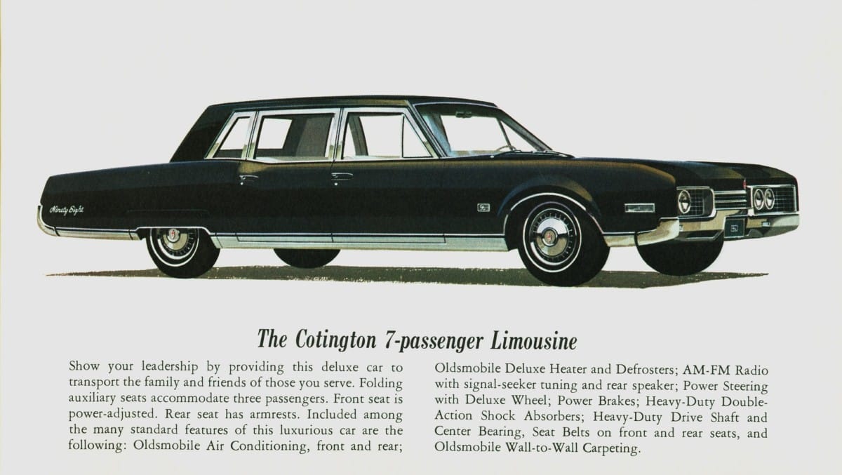 Vintage Ad: 1967 Oldsmobile Cotington 7-Passenger Limousine – The Cadillac Fleetwood 75 Alternative Not a fan of the Cadillac Fleetwood 75? Here’s an alternative, although its very boxy roof makes for quite a contrast to it curvaceous lower body.
