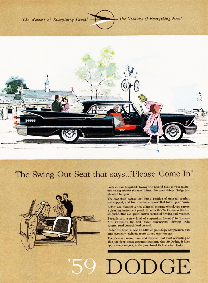 Vintage Ad: 1959 Dodge Custom Royal Lancer – “The Swing Out Seat Says ‘Please Come In'” So was this the ultimate pickup-mobile of 1959?
