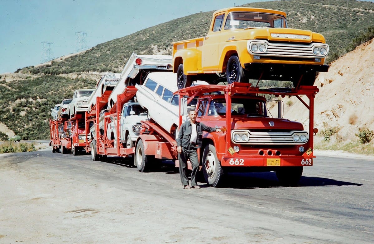 Vintage Car Carrier: 1959 Ford – When The Load Looks Just Like The Truck Hauling It Nice shot of matching 1959 Ford trucks; one hauling the other one, along with some more cars and another pickup in the trailer.