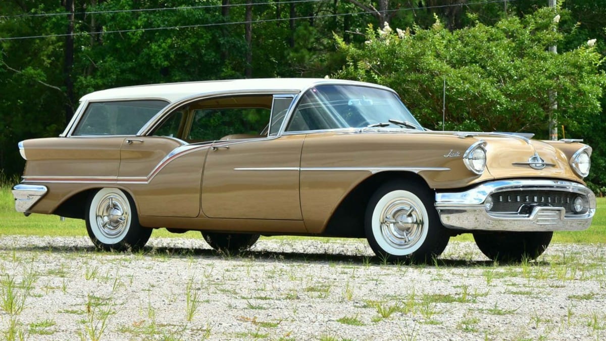 Automotive History: 1949–1970 Oldsmobile Holiday Hardtop – A Holiday In Lansing (With Apologies To Irving Berlin) 13 Front 3q view of a Gold Mist and Victoria White two-tone 1957 Oldsmobile Super 88 Fiesta hardtop station wagon