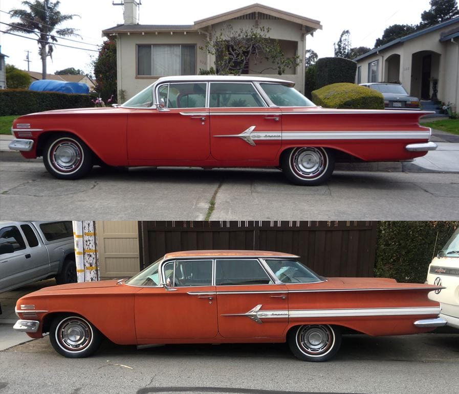 I first found and shot this splendid “flying wing” roof Impala 4-door hardtop in 2009 (top), on a visit to in-laws in San Mateo, CA., but it never got a [&hellip;]