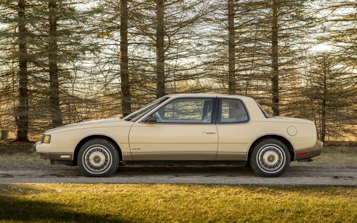 Side view of a Medium Driftwood Metallic/Light Driftwood 1986 Oldsmobile Toronado with bare trees in the background