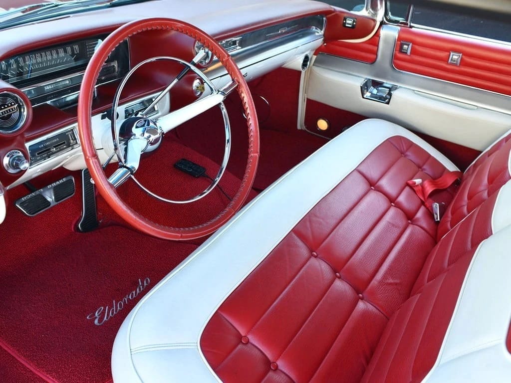 1960 Cadillac Eldorado Seville: An Artifact Of The Tomorrow That Never Was 19 Front seat of a 1959 Cadillac Eldorado Seville with red and white leather upholstery