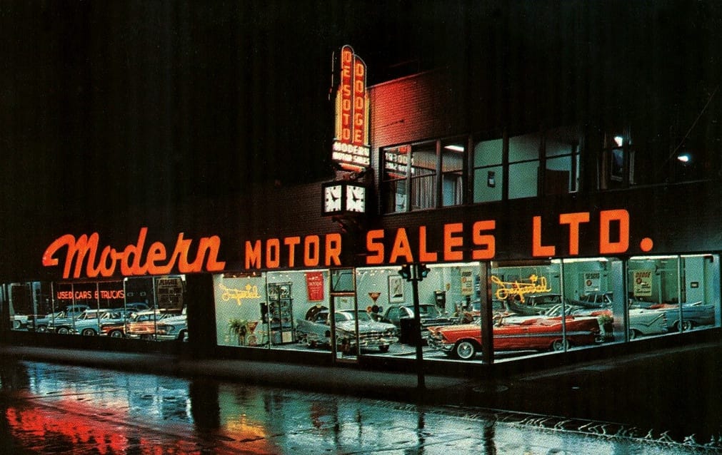 Vintage Postcards: Dodge Dealers In The ’50s, ’60s & ’70s Modern Motor Sales Ltd., De Soto-Dodge, Montreal, Quebec.